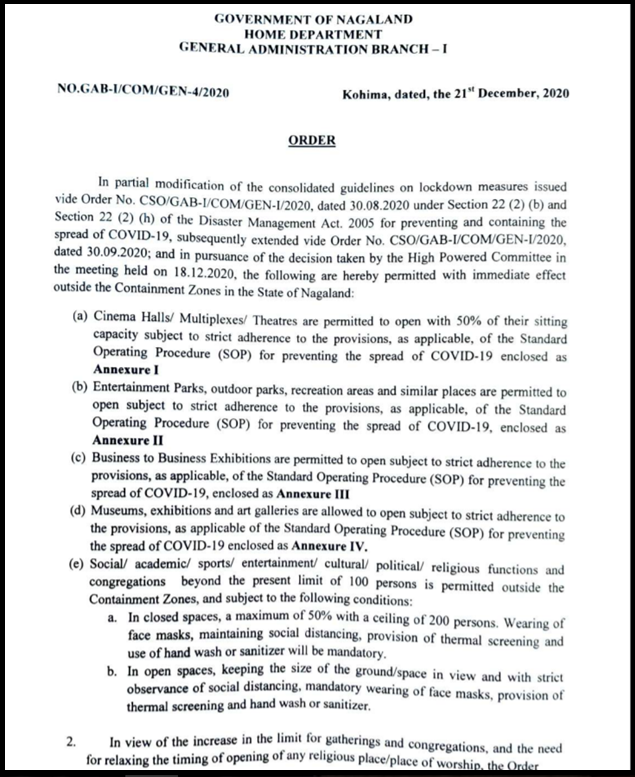 A screenshot of the modified consolidated guidelines on lockdown measures in Nagaland issued on December 21.